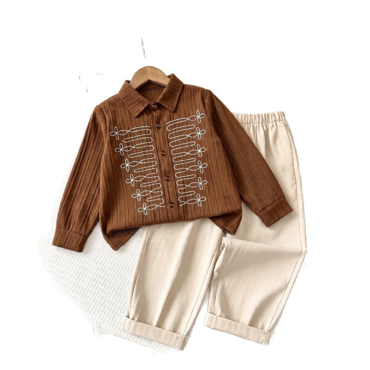 Retro Vertical Stripe Embroidered Shirt Set for Boys