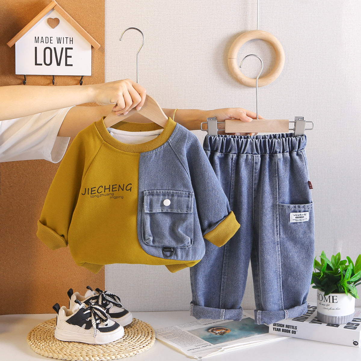 Spring and Autumn Splicing Long Sleeve Hoodie Two Piece Set for Men