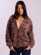 Fashionable Vintage Deep V-Neck Melange Fleece Long Sleeve Cardigan
