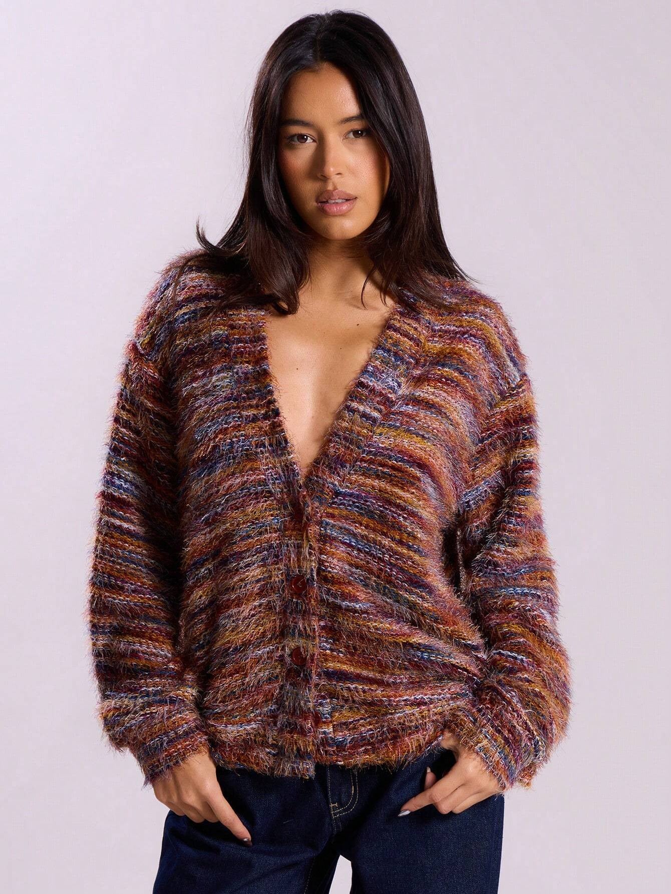 Fashionable Vintage Deep V-Neck Melange Fleece Long Sleeve Cardigan