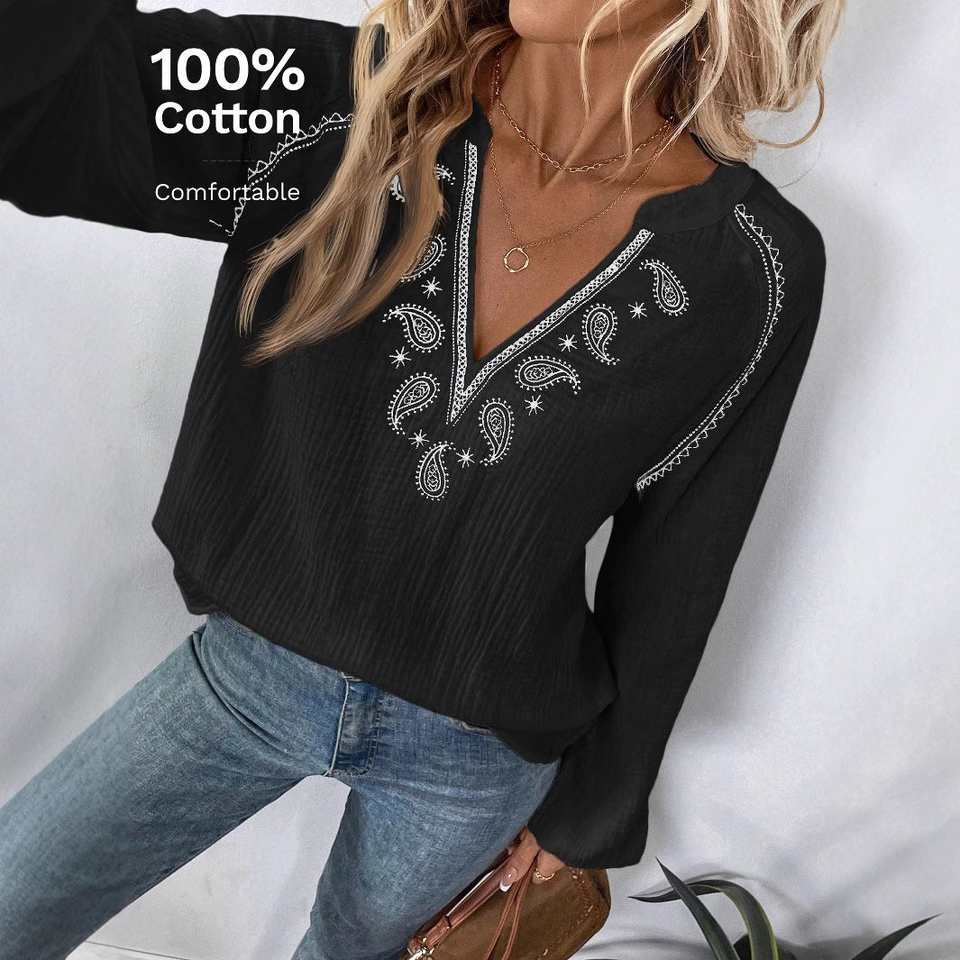 Ethnic Style Fashion Design V-Neck Embroidered Pure Cotton Top for Women
