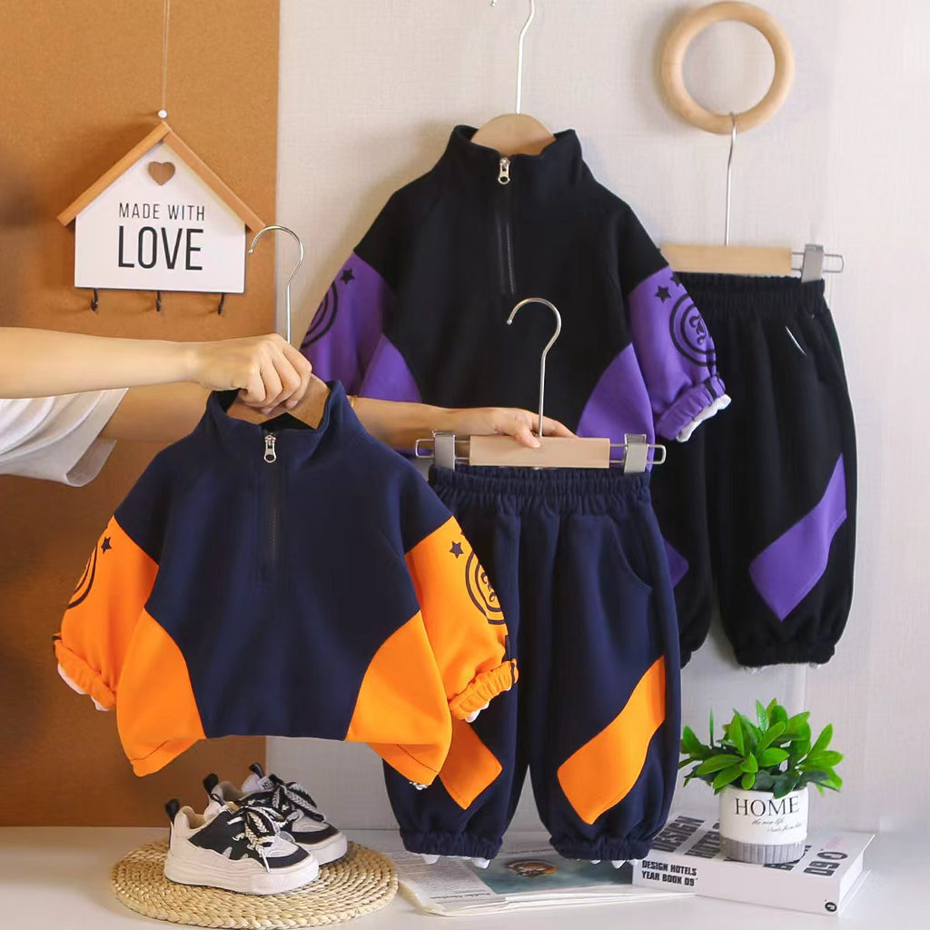 Children's Spring and Autumn Baby Half Zipper Long Sleeve Hoodie Two Piece Set