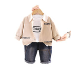Baby autumn color blocked shirt long sleeved three piece set
