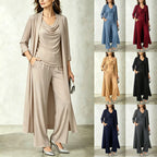 Long sleeved swing collar top long cardigan jacket long pants three piece set