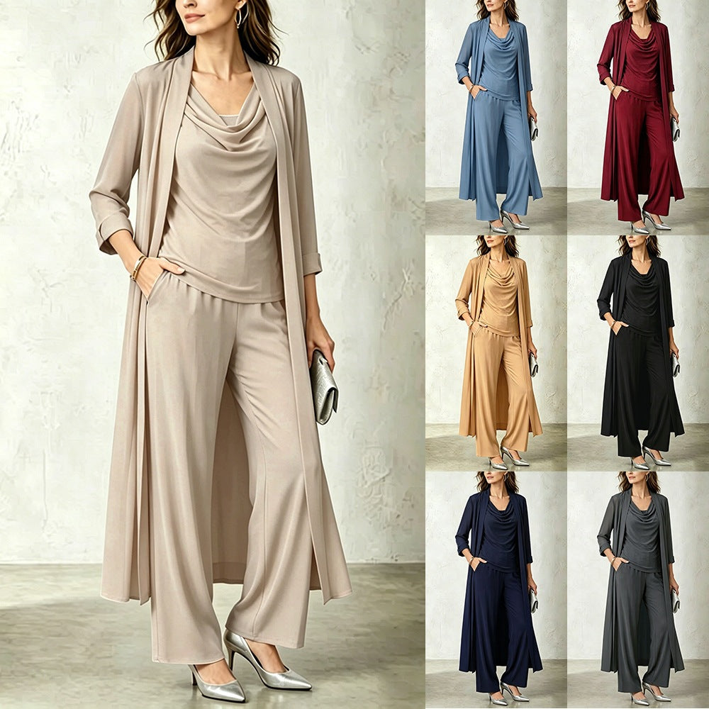 Long sleeved swing collar top long cardigan jacket long pants three piece set
