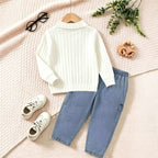 Plaid Polo Set for Boys, Long Sleeve  Top with Jeans Pants Two-Piece Outfit