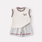 Color-Blocking Collar Cartoon Embroidered Vest with Breathable Shorts Knit Two-Piece Set