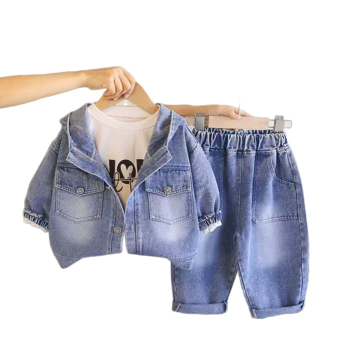 Hooded denim long sleeved three piece set