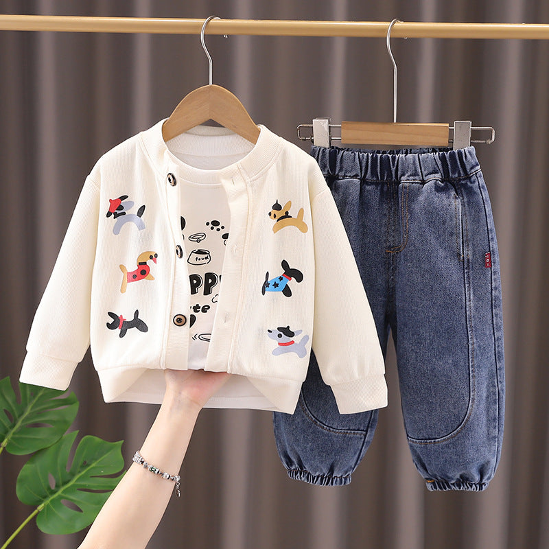 Children's cartoon cardigan long sleeved three piece set