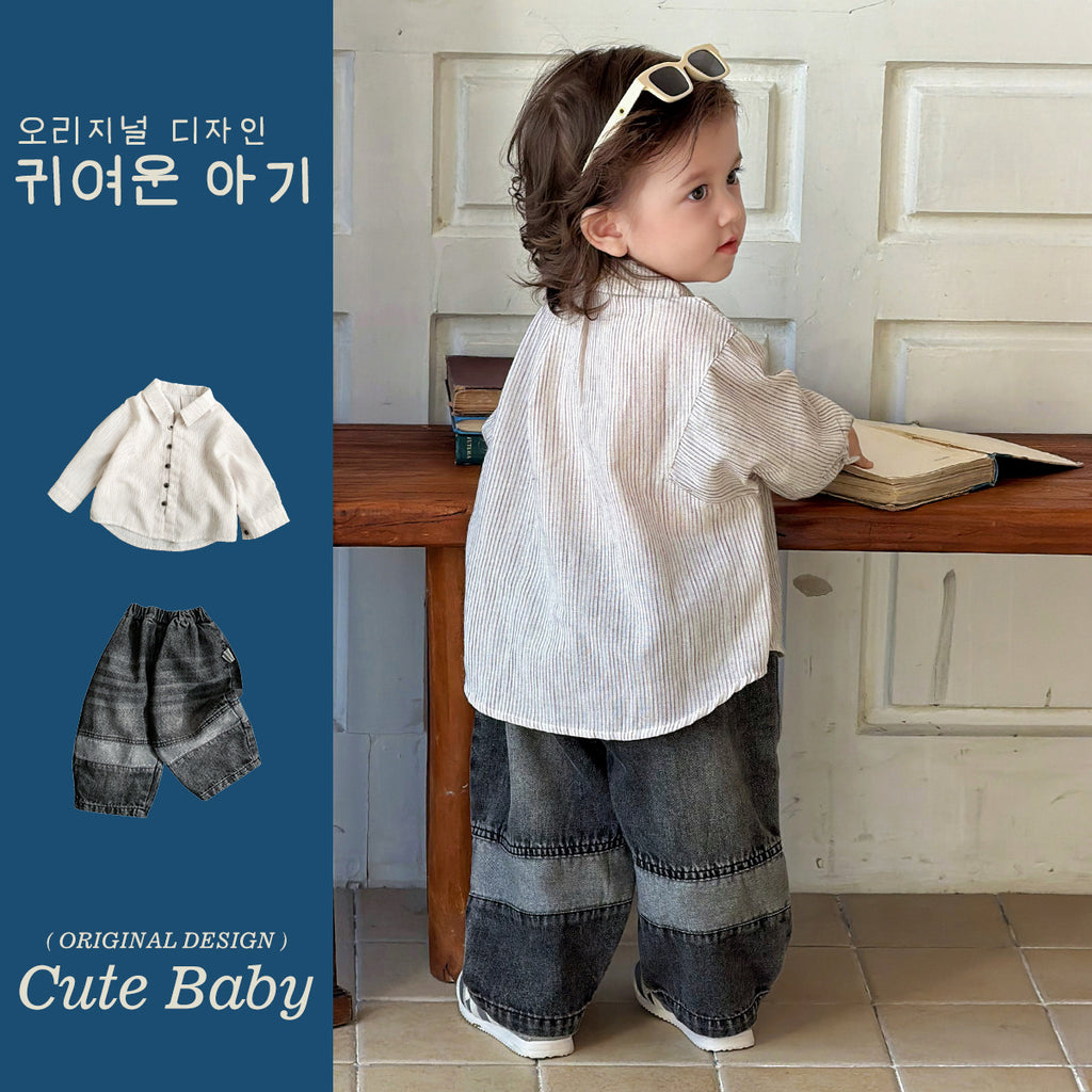 Long Sleeve Shirt Set for Boys Casual Stripe Outfit Kids Denim Pants Two-Piece Set