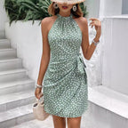 Summer Fashion Sleeveless Floral Ruched Mini Dress with Halter Neck and Zipper