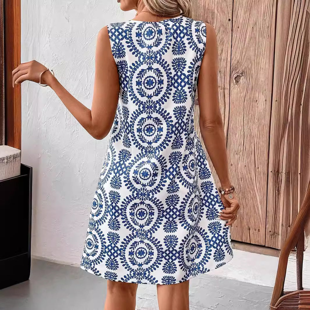 Elegant U-Neck Floral Print Sleeveless Dress with Ring Detail, Mid-Length Summer Dress for Women