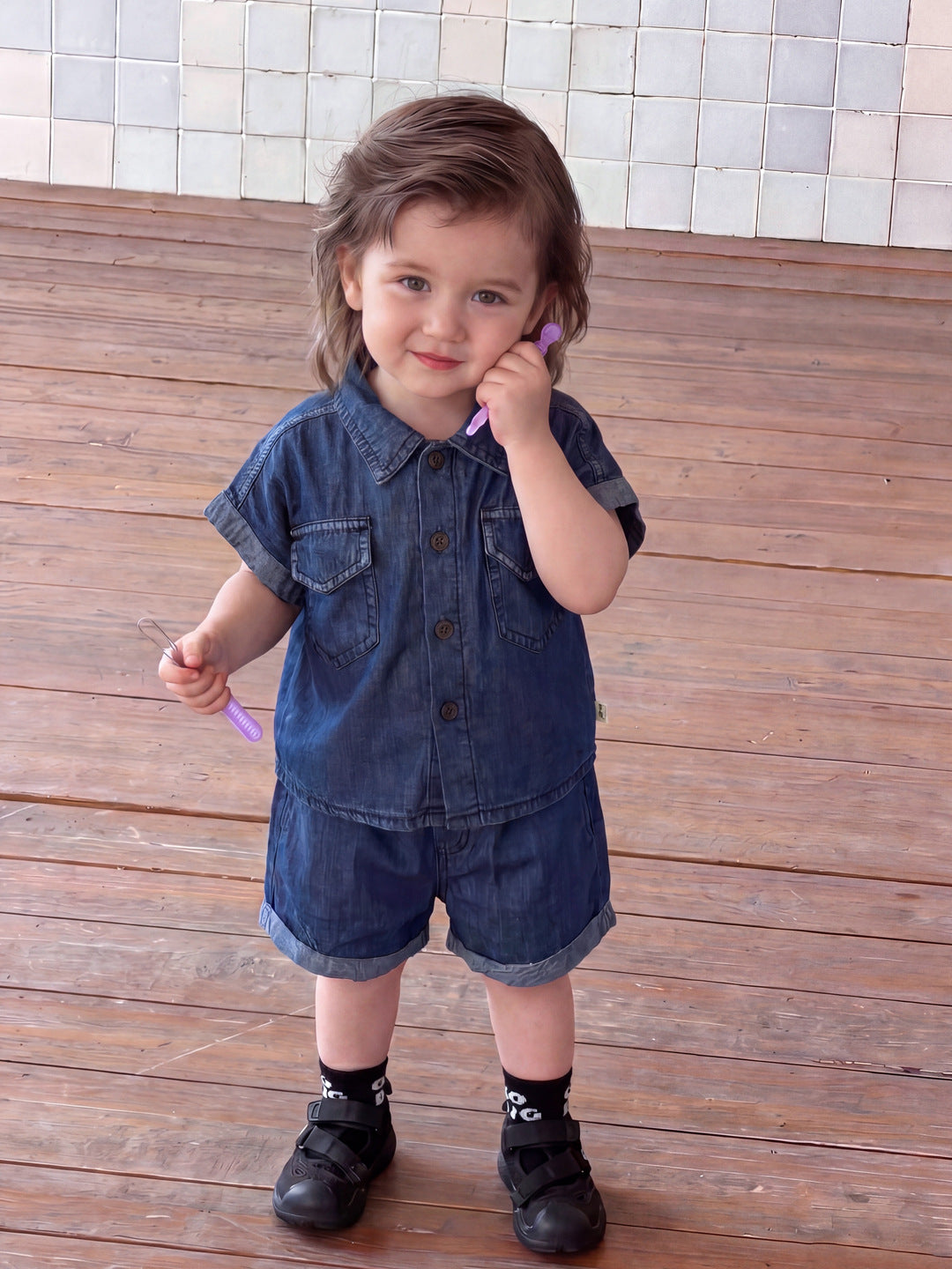 Casual  Thin Denim Outfit for Boys, A-Class Short Sleeve T-Shirt Stylish Two-Piece Clothing for Kids