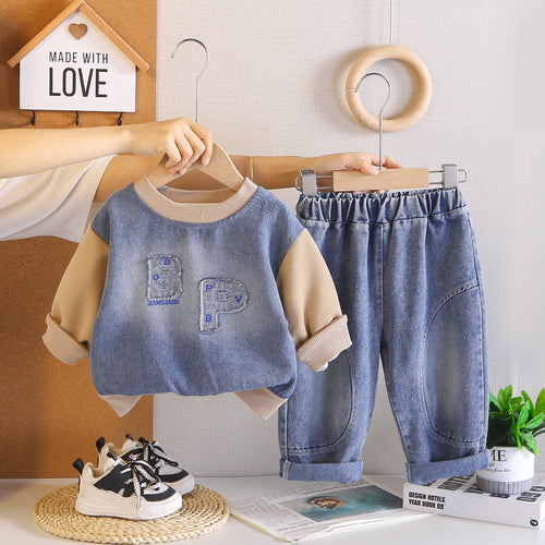 Baby autumn casual round neck long sleeved hoodie two-piece set