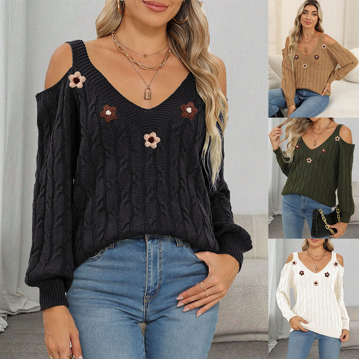 Damen Häkelpullover mit Off-Shoulder, tiefem V-Ausschnitt und 3D-Verzierungen