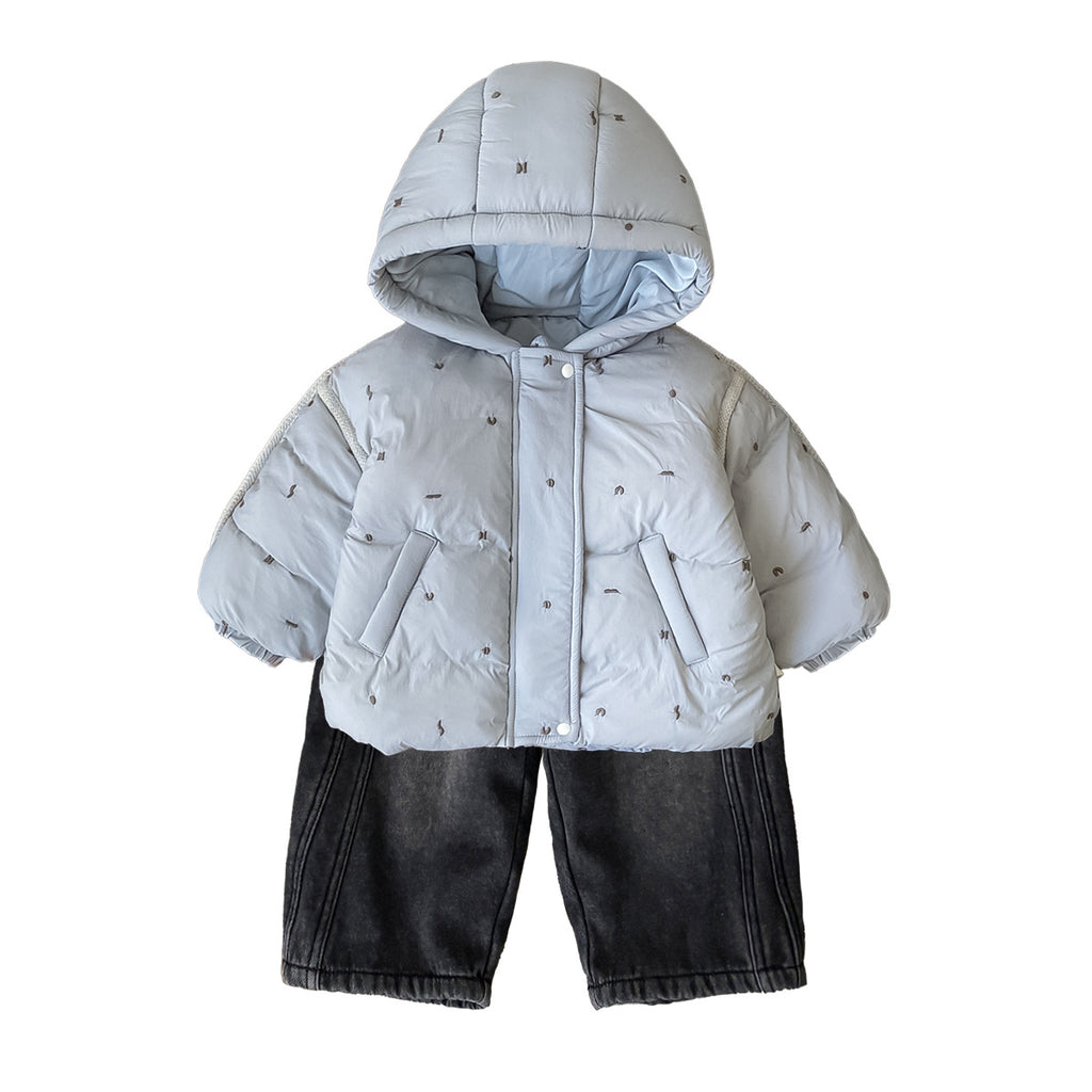 Outfit Winter Casual Thickened Puffer Coat Set with Fleece-Lined Jeans Two-Piece Set