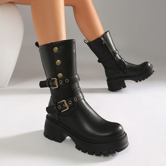 Ankle Boots Damen Punk-Style mit Schnalle, Plateausohle
