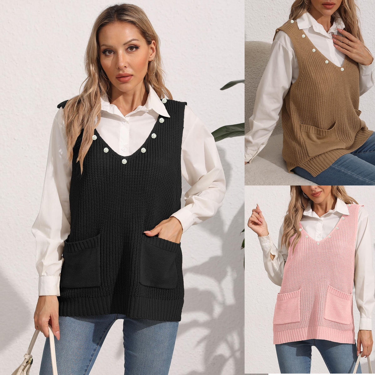 Damen-Weste mit Doppeltasche, Patchwork, V-Ausschnitt, ärmellos mit Perlenbesatz