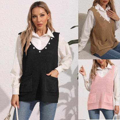 Damen-Weste mit Doppeltasche, Patchwork, V-Ausschnitt, ärmellos mit Perlenbesatz