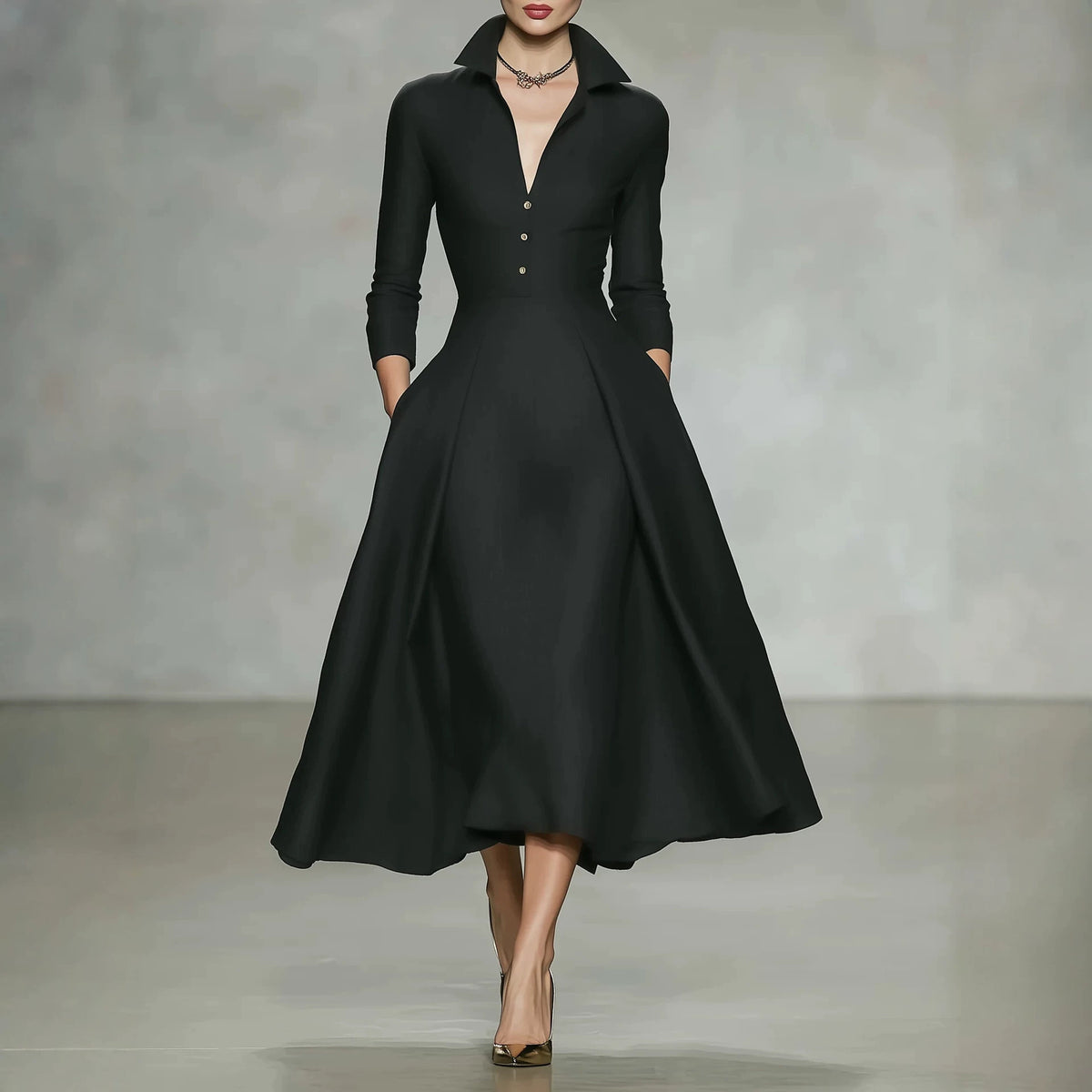 V-Ausschnitt-Kleid tailliert, Langarm