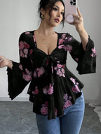 Sweet Floral Ombre Tie-Back Square Neck Long Sleeve Blouse