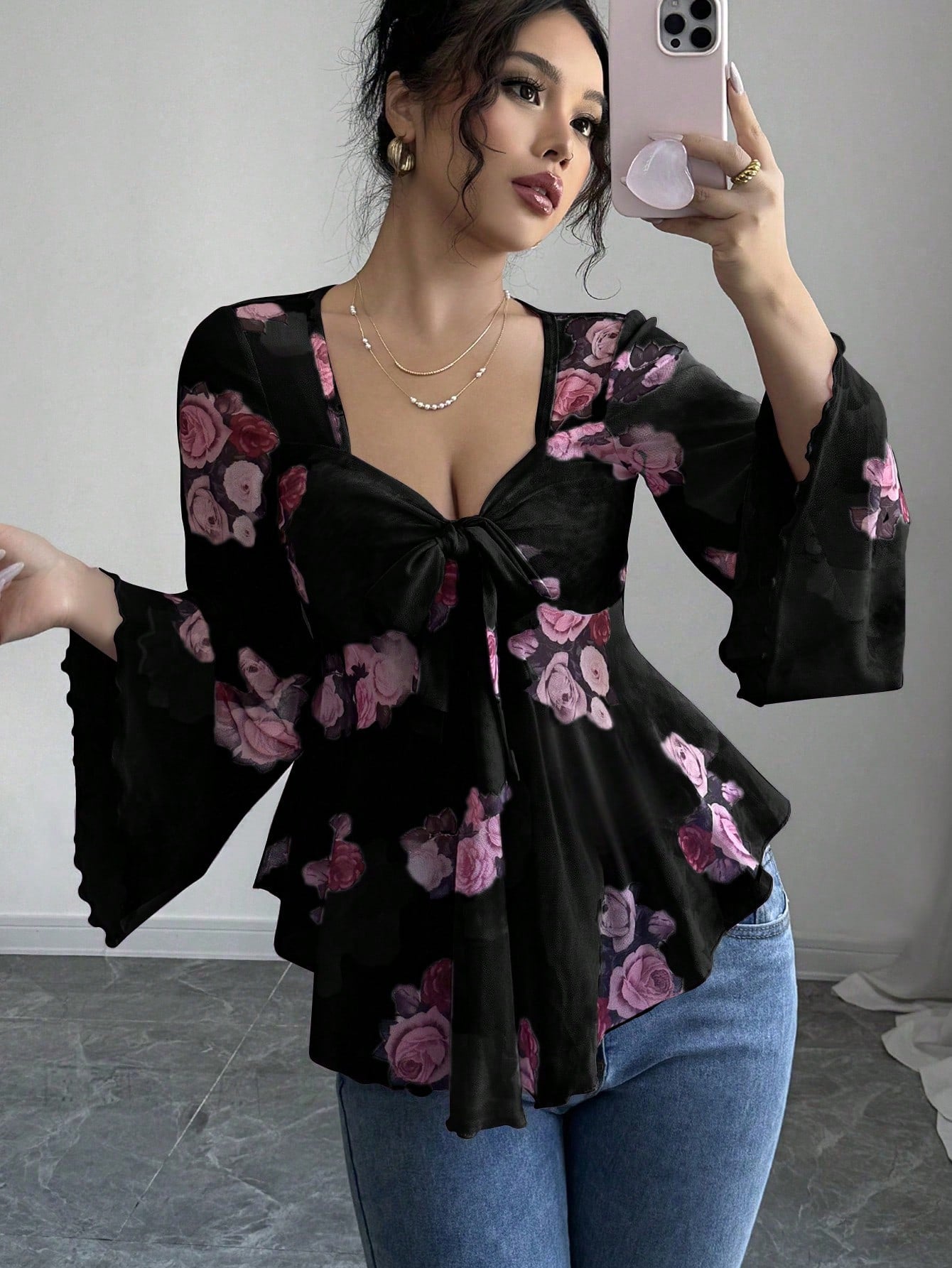 Sweet Floral Ombre Tie-Back Square Neck Long Sleeve Blouse