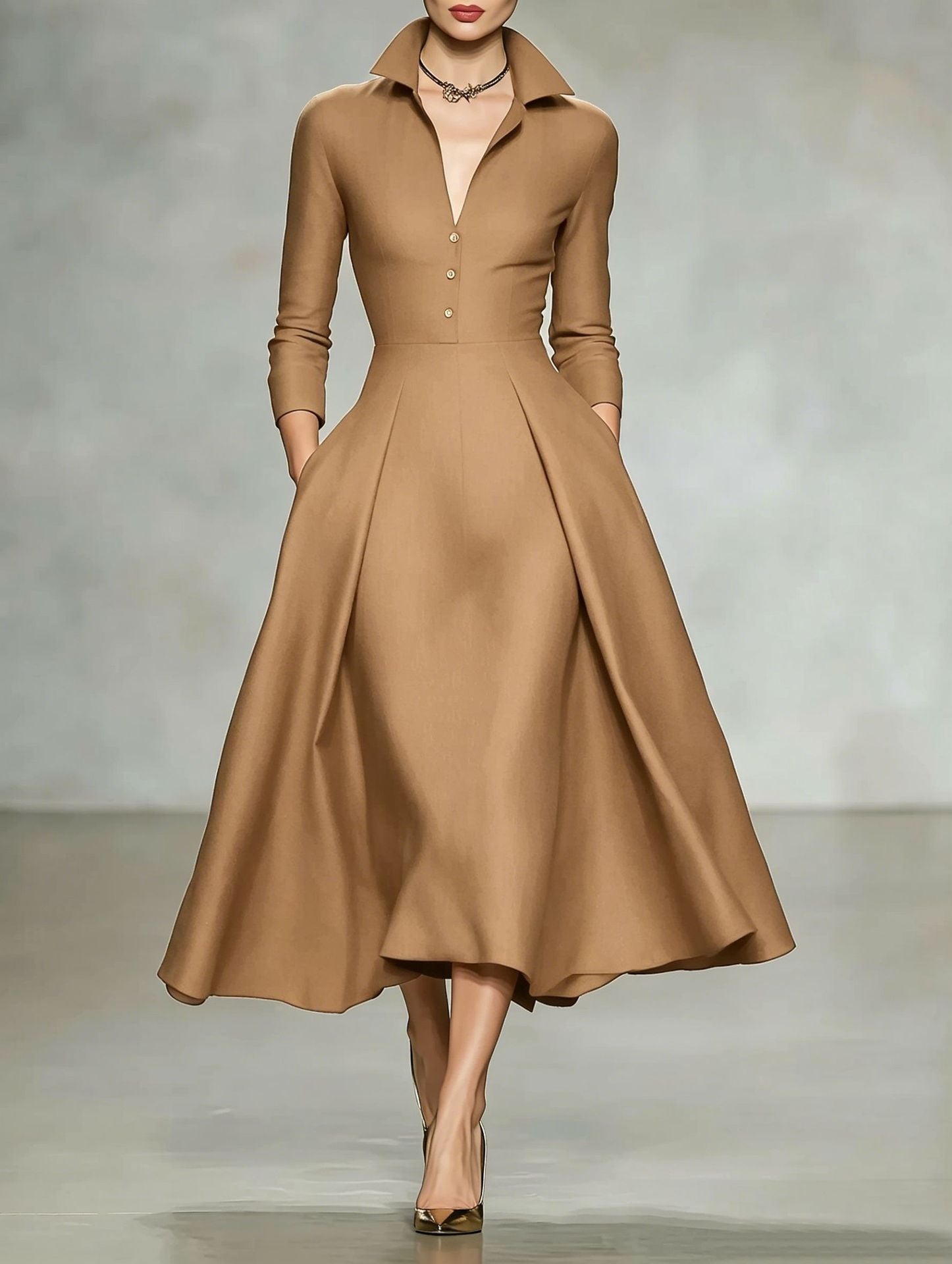 V-neck waist cinched long sleeved dress