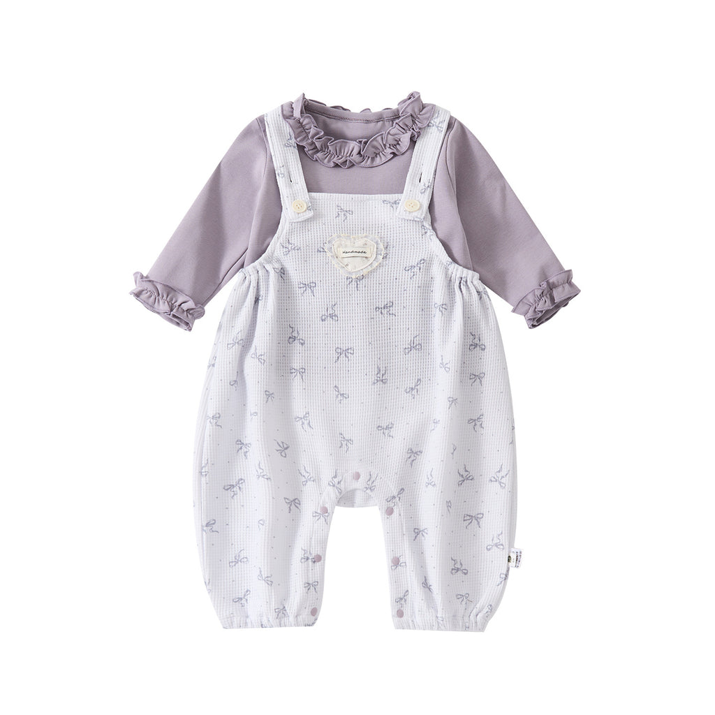 Long Sleeve Bodysuit with Bow Print Knit Overalls Set for Autumn