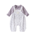 Long Sleeve Bodysuit with Bow Print Knit Overalls Set for Autumn