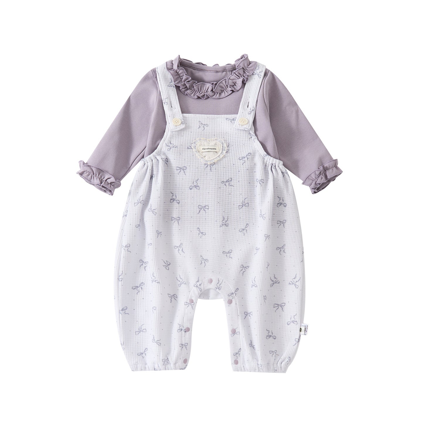 Long Sleeve Bodysuit with Bow Print Knit Overalls Set for Autumn