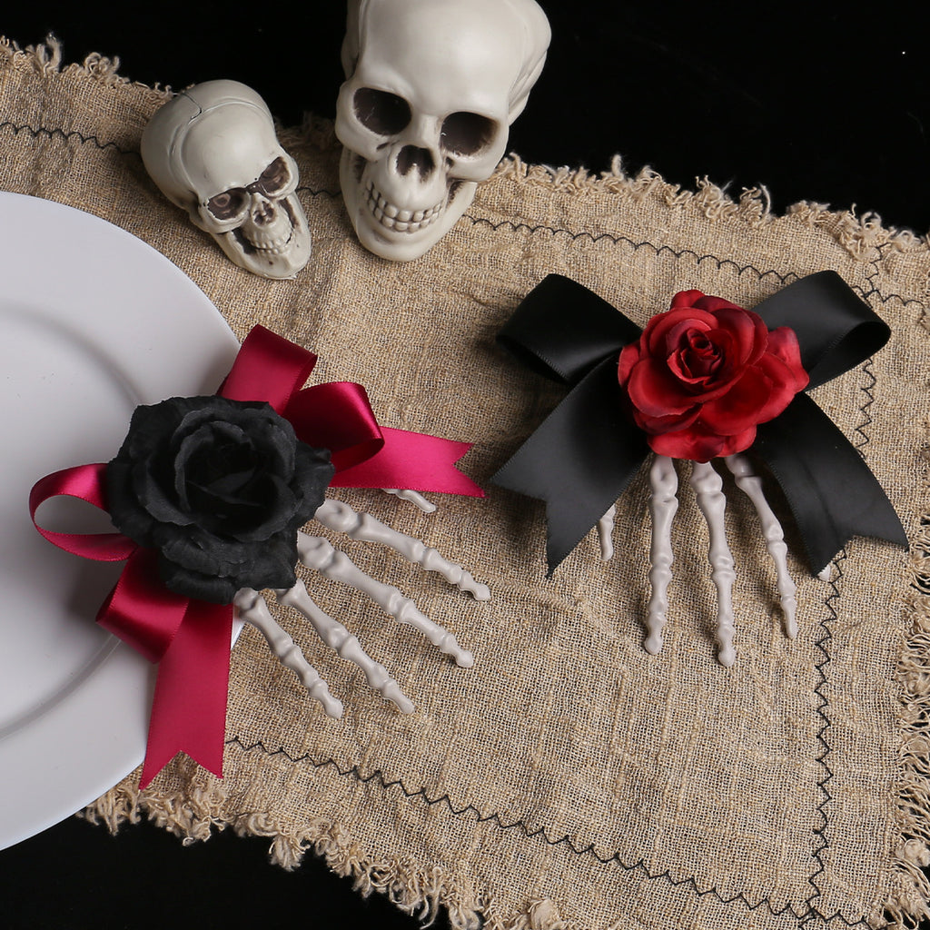 Halloween Skull Skeleton Hand Hair Clip, Ghost Festival Horror Rose Bow Ghost Hand Side Hair Clip