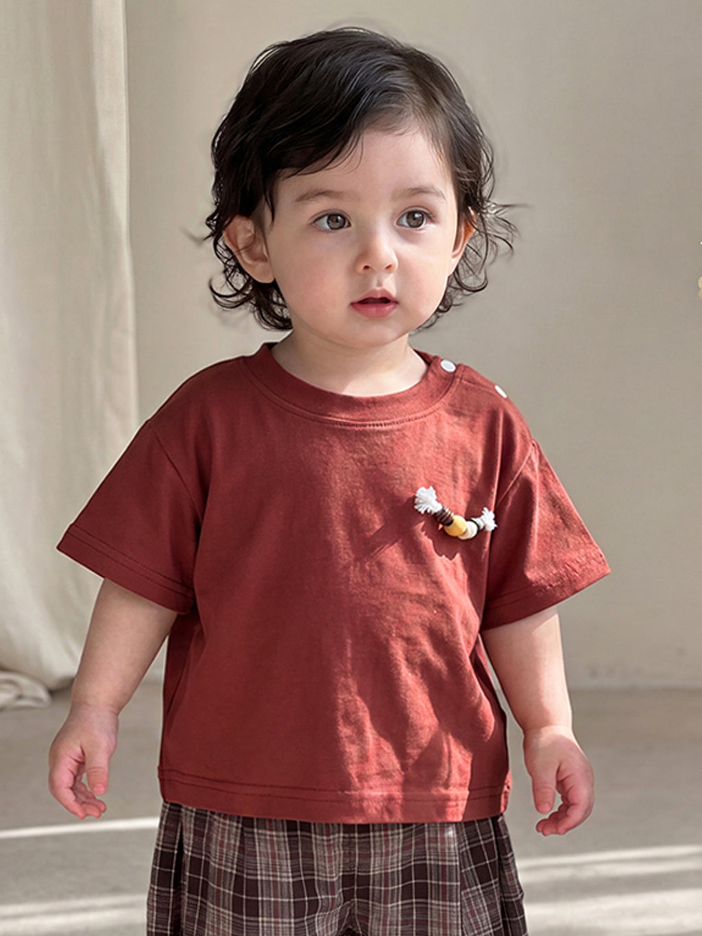 Burgundy Plaid Short Sleeve T-Shirt  Length Cuffed Pants Set for Boys