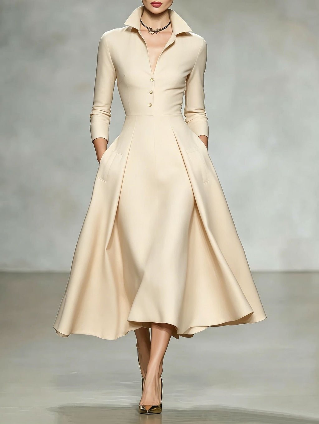V-neck waist cinched long sleeved dress