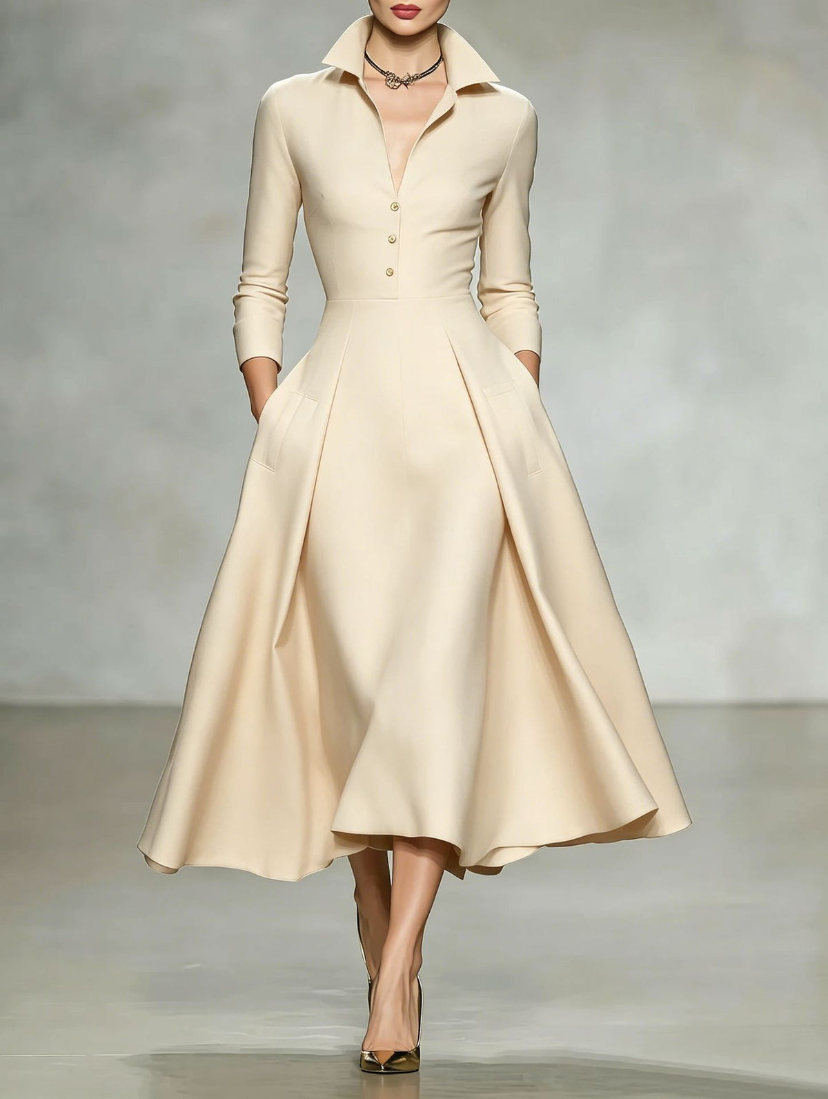 V-Ausschnitt-Kleid tailliert, Langarm