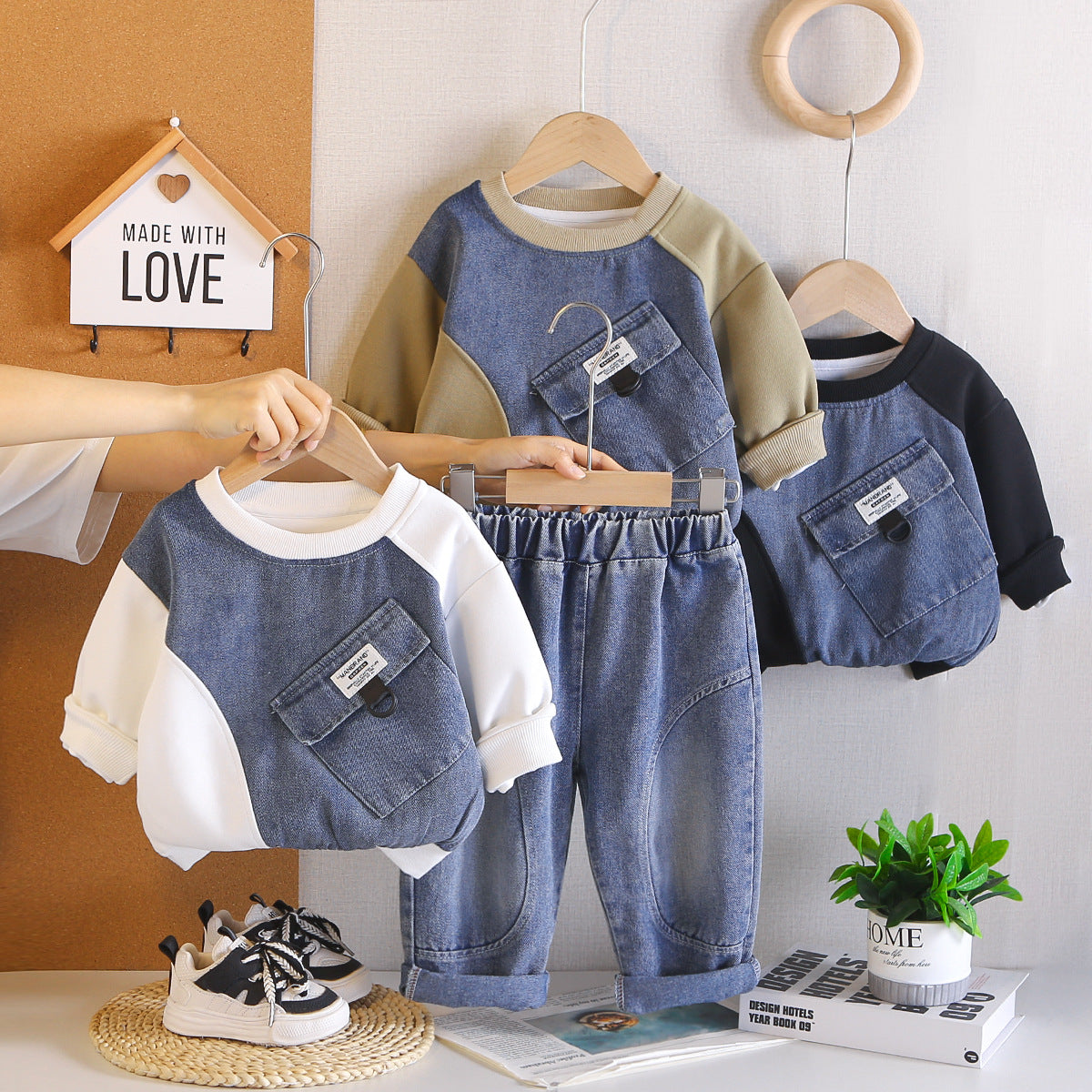 Casual patchwork hoodie long sleeved two-piece set