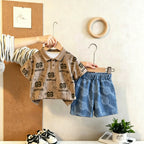 Boys'  Denim Outfit Set with Letter Print, Stylish Turn-Down Collar Two-Piece Set