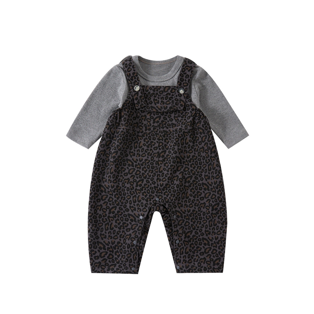 Cute Baby Leopard Print Overalls Set Kids  Bodysuit Bottoms Two-Piece Outfit