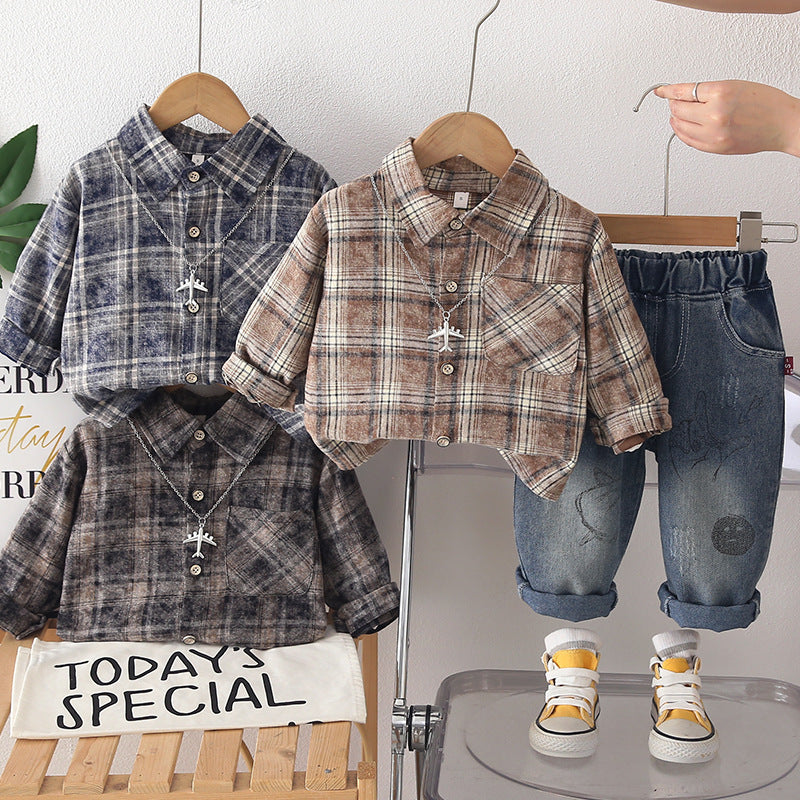 Baby autumn checkered shirt long sleeved two-piece set