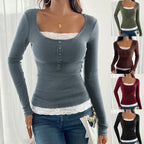 Fashion Simple Round Neck Lace Panel Single Button Slim Fit Long Sleeve Top