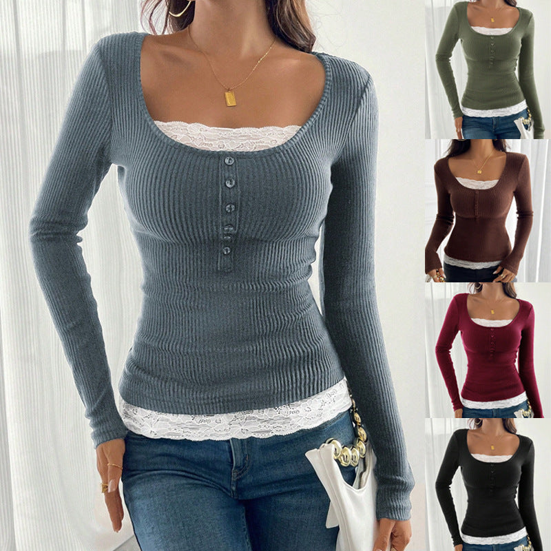 Fashion Simple Round Neck Lace Panel Single Button Slim Fit Long Sleeve Top