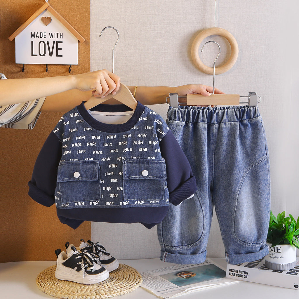 Spring and Autumn Baby Casual Splicing Letter Hoodie Two Piece Set