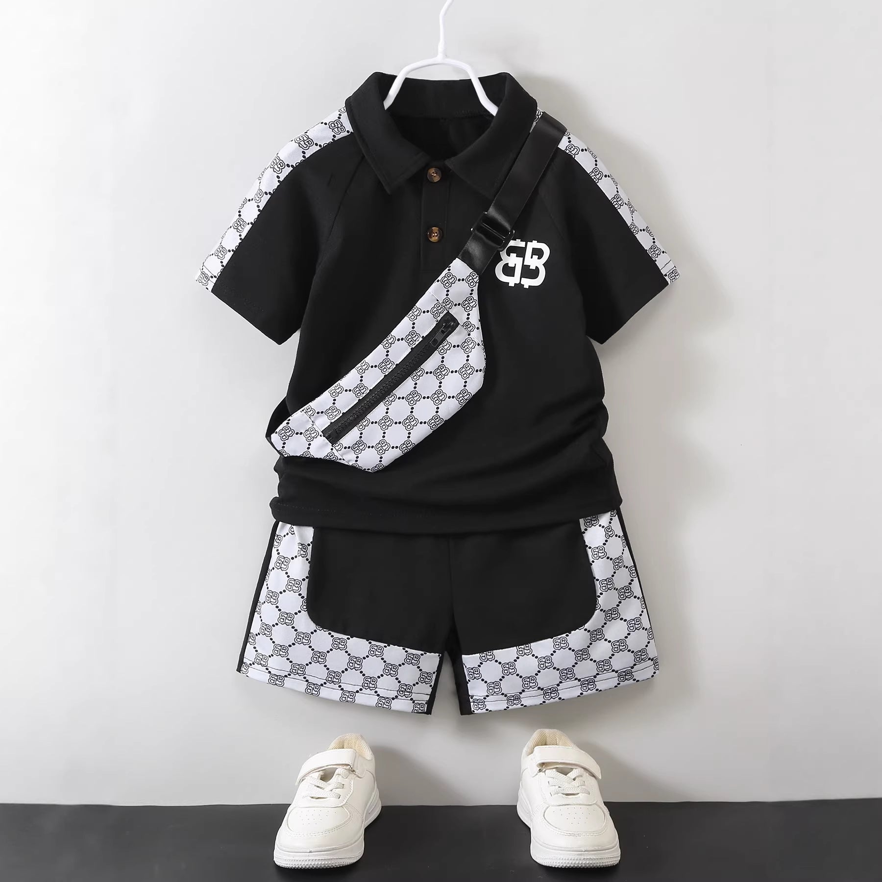 polo shirt short sleeve set,printed three-piece set