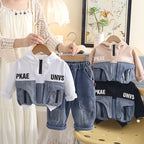 Casual children's half zip hooded long sleeved two-piece set
