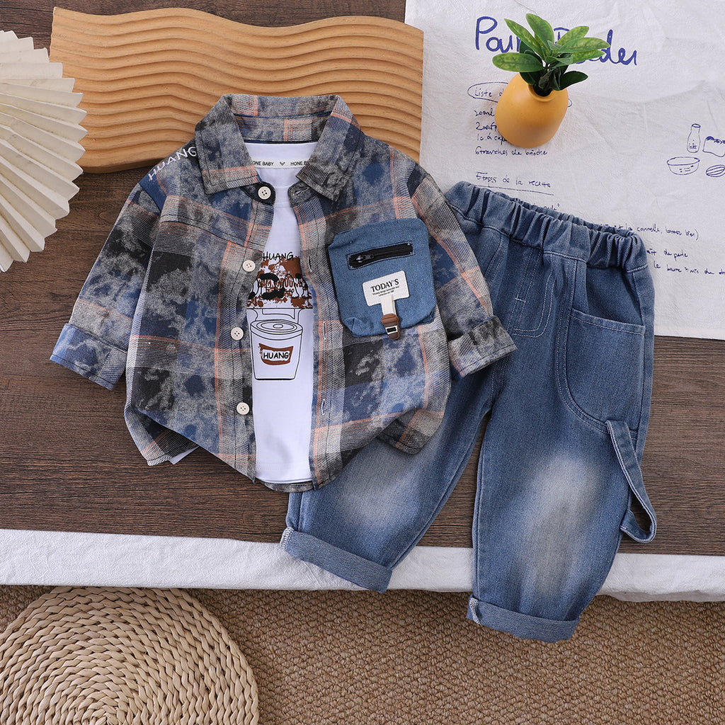 Men's Baby Checkered Shirt Long Sleeve 3-Piece Set