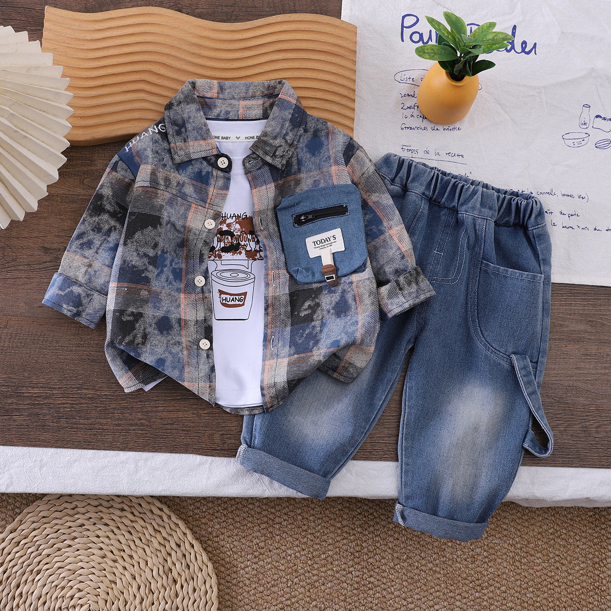 Men's Baby Checkered Shirt Long Sleeve 3-Piece Set