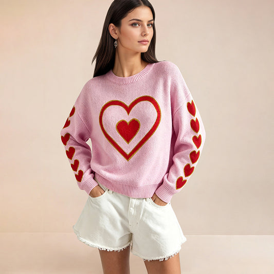 Pullover Damen mit Herz-Motiv, Strickpulli mit Schleife
