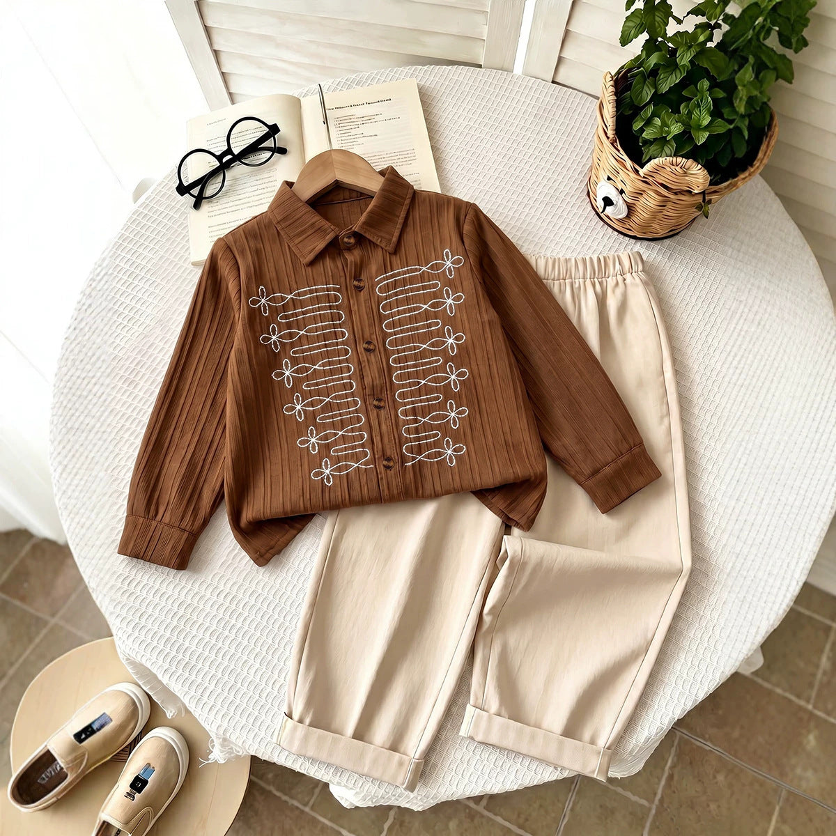 Retro Vertical Stripe Embroidered Shirt Set for Boys