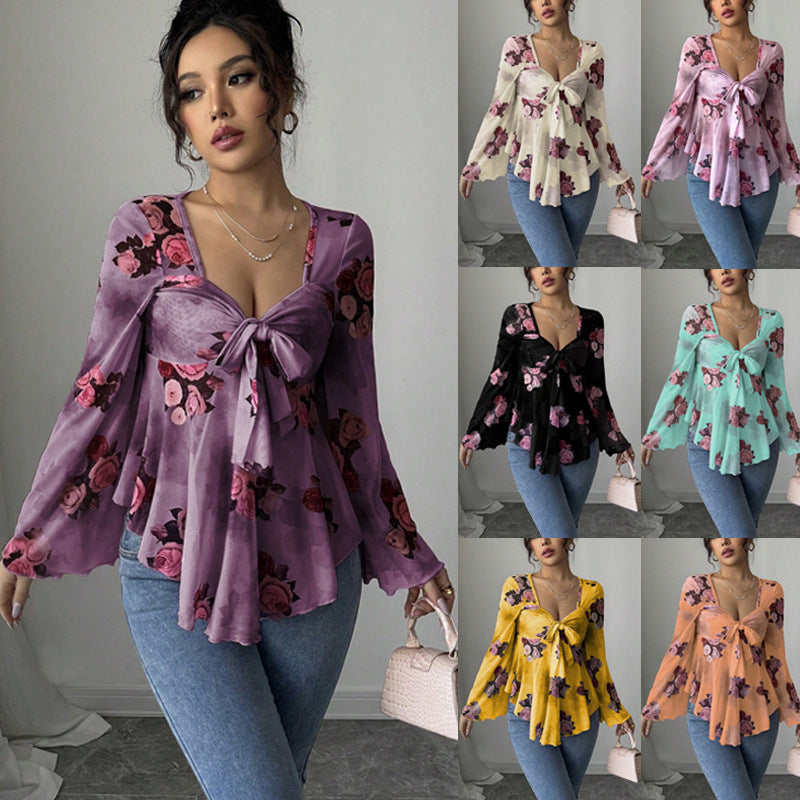 Sweet Floral Ombre Tie-Back Square Neck Long Sleeve Blouse