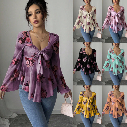 Bluse Floral-Ombré mit Bindeband, Langarm