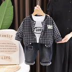 Spring and Autumn Checkered Coat Long Sleeve Three Piece Set